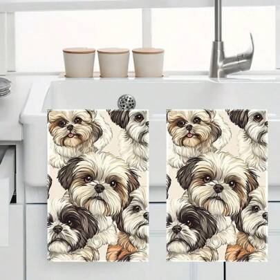 1 pieza/2 piezas Toallas de cocina con estampado de perro Shih Tzu, de diseño de dibujos animados contemporáneo, suaves y absorbentes, lavables a máquina de poliéster, perfectas para decoración de cocina, cocinar, hornear, decoración navideña y baños, decoración de mesa, suministros de cocina, decoración del hogar, regalo de inauguración de casa, toallas de cocina