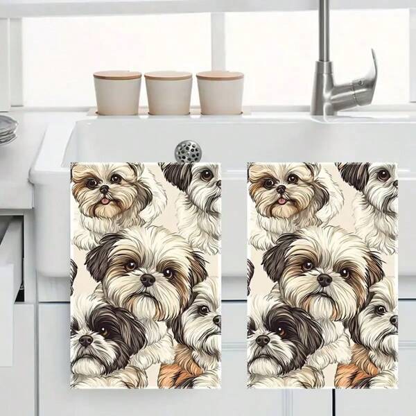 1pc/2pcs Shih Tzu Dog Print Kitchen Towels, Contemporary Cartoon Themed, Soft & Absorbent Machine Washable Polyester Dishcloth, Perfect For Kitchen Decor, Cooking.Baking, Holiday Decor & Bathroomssentials, TableDecor, Kitchen Supplies, Home Decoration, New Home Bathroom Housewarming Gift, Kitchen Towels