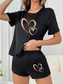 Women's Heart Print Short Sleeve Shorts Pajamas Set - Black - View 6
