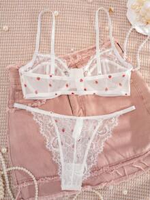 1 套女士纯色心形印花蕾丝前开合薄杯无钢圈舒适内衣套装 - 白色 - 查看 2