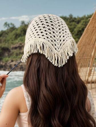 1pc Women Bandana Crochet Headscarf Beige Tasseled Knit Hollow Floral Lace Headband, Suitable For Daily, Sports, Beach, And Various Occasions Fall Winter Hair Band Hair Accessories For Women For Vacation Outfits Woman