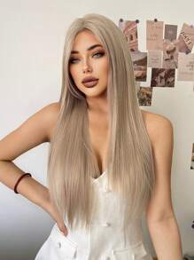 Forehead Lace 4*1, 1 Piece Synthetic Heat Resistant Straight Hair Without Bangs Blonde 28 Inch Full Weave Everyday Natural Realistic Wig