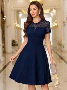 MIUSOL Contrast Lace Sleeve Prom Party A-Line Dress