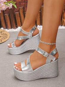 【2025热销】女士厚底露趾凉鞋，夏季厚底系带高跟鞋35-43码，防滑细高跟，轻便透气 - 銀色 - 查看 3