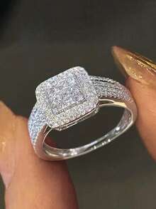 1pc S925 Sterling Silver Square Cubic Zirconia Luxury Ring, Suitable For Gift, Date, Party, Daily Wear, Engagement, Wedding, Bridal Jewelry, Women Premium Accessories - Silver - View 2