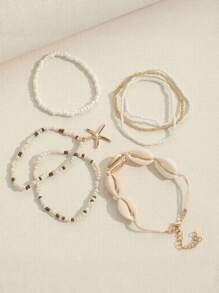 Style bohème 7 pièces bracelet de perles étoile de mer et coquillage - fait main, parfait pour les vacances ou la décoration décontractée