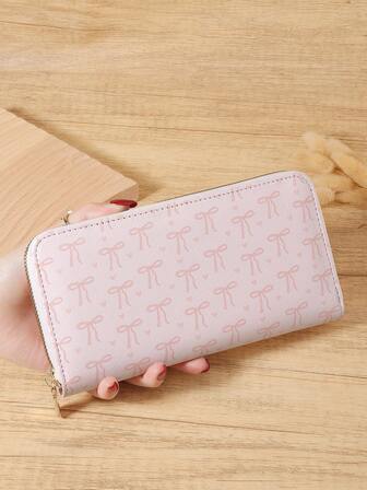 粉色蝴蝶结爱心图案长款钱包女士时尚现代商务超薄便携多功能大容量信用卡拉链身份证现金存储商务休闲完美学校大学工作商务通勤教师节返校假期办公室周年纪念日情人生日礼物女士女性白领大学生，学校宿舍和返校包学校用品