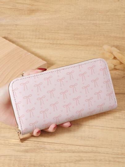 Pink Bow Love Pattern Long Wallet Women Fashion Modern Business Slim Portable Versatile Large Capacity Credit Card Zipper ID Card Money Cash Storage Business Casual Perfect School College Work Business Commute Teachers' Day Back To School Holiday Office Anniversary Lover For Birthday Gift Lady Female Women White-Collar Workers College Student,Bag School Supplies For School Dorm Room & Back To School