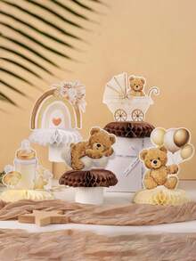 9件套 - 婴儿派对泰迪熊蜂窝中心装饰品，适合性别揭晓派对，奶油色蜂窝中心装饰品，餐桌装饰，儿童生日派对礼物，婴儿派对小礼物（棕色） - 棕色 - 查看 3