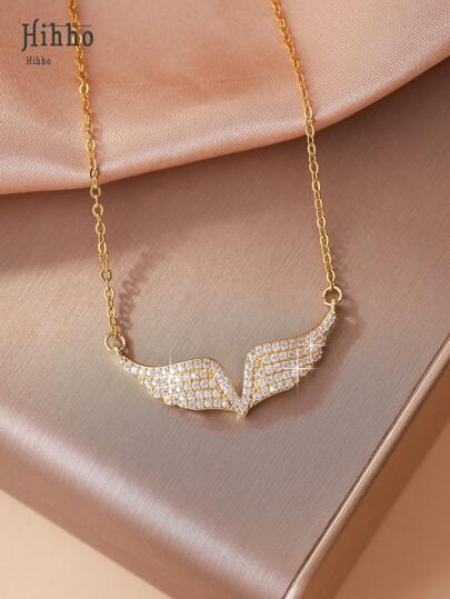 Hihho 1pc Fully Cubic Zirconia Studded Angel Wings Pendant Necklace For Women, Luxurious Jewelry Decoration Gift