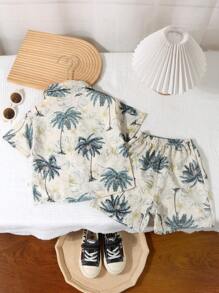 Boys Fashion Tie-Dye Short Sleeve T-Shirt, Korean Style Children Summer Graphic Allover Print Shirt Set