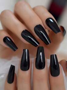 24pcs Glossy Solid Color Medium Coffin Ballet Fingernails Press On Nails Fake Nails Art For Outdoor Travel With Tools Bag