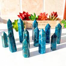 1pc Natural Healing Crystal Blue Apatite Single Point Wand Reiki Polished Gemstone Hexagonal Obelisk Column Home Desk Decoration - Blue Phosphorus Gray Single Pointed Column - View 2