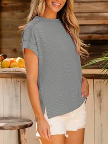 Acelitt 夏季休闲纯色宽松针织纹理条纹圆领短袖T恤 - 淺灰色 - 查看 3