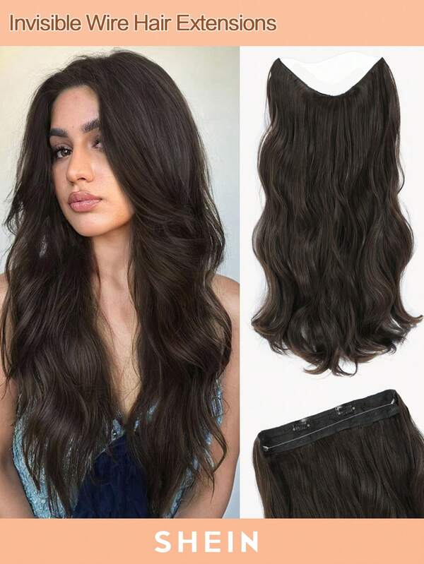 Invisible Wire Hair Extensions Dark Chocolate Brown Long Wavy Hair Extensions With Transparent Headband Fish Line Secret Hairpieces For Women