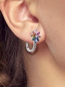 925 Sterling Silver Women's Hypoallergenic Rainbow Flower Shaped Cubic Zirconia Earrings, High Quality Elegant & Luxurious Jewelry Gift Suitable For Daily, Party And Banquet Wear - Silver - View 2