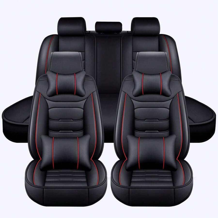 5 Seat Car Seat Covers Faux Leather Seat Covers Full Set Waterproof Universal For Car Sedan SUV Truck Front & Rear Seat Cushion Protector With Back Big Storage Bag - Black/Red - View 1