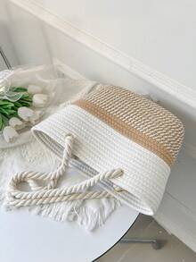 BAILEE 1 Peça Bolsa de Praia Estilo Minimalista Casual de Férias, Design Colorblock Feito à Mão com Corda, Design de Abertura Superior, Bolsa de Praia Feminina, Adequada para Férias, Viagens, Looks da Moda e Compras com Amigos - Caqui - Visão 10