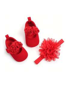 2pcs Infant Flower Infant Girls Soft Sole Princess Wedding Dress Mary Jane Flats Prewalker Newborn Light Infant Sneaker Shoes Headwear And Head Flower - Red - View 5
