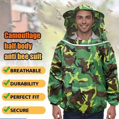 1 conjunto de traje antiabejas con cremallera en color blanco y verde militar, que incluye traje protector, sombrero y equipo para prevenir la entrada de mosquitos y abejas