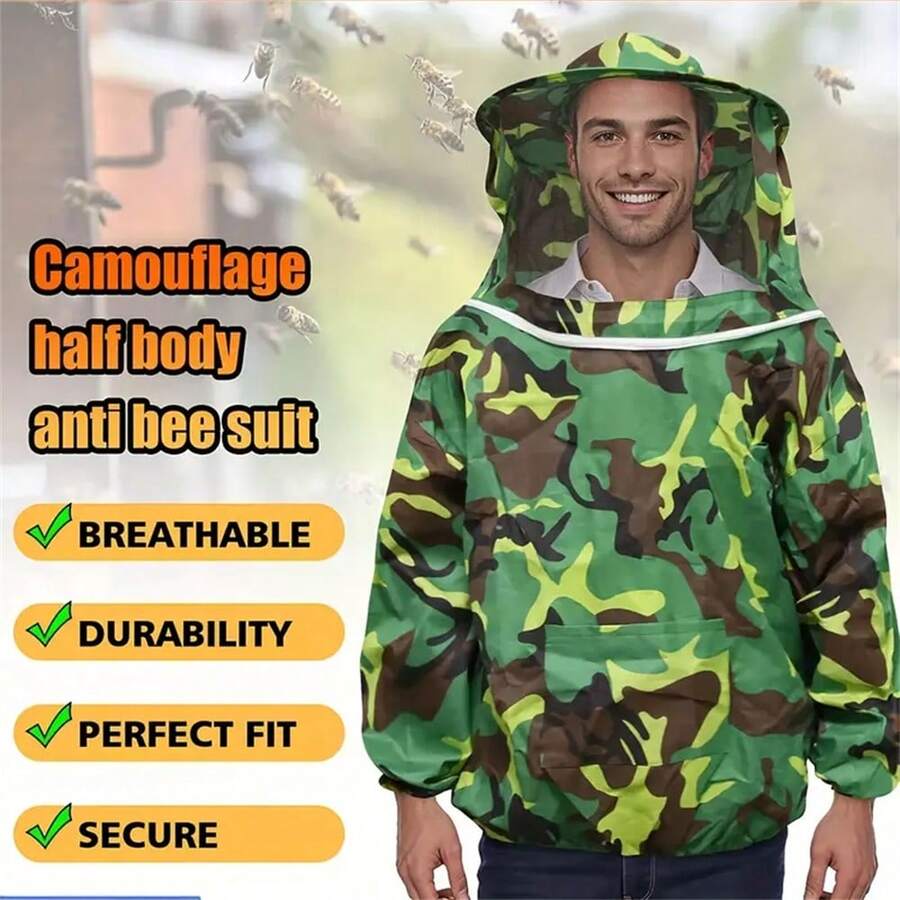 1套白色军绿色拉链防蜂服、养蜂服、蜂帽、防护服，防止蚊虫蜜蜂进入