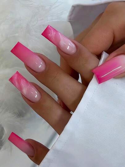 24Pcs Long Square Press On Nails Pink Gradient French Tip Nails Ballerina Milk White Ombre High Quality For Women Girls Summer Nails Art Charms Nail Supplies Nails