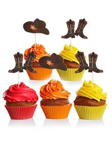 24 piezas - Toppers de magdalenas con sombrero y botas de vaquero o vaquera, decoraciones de tarta de cumpleaños con tema del oeste, insertos de magdalenas de rodeo, suministros de palillos para fiestas con tema del oeste o baby shower (color marrón)