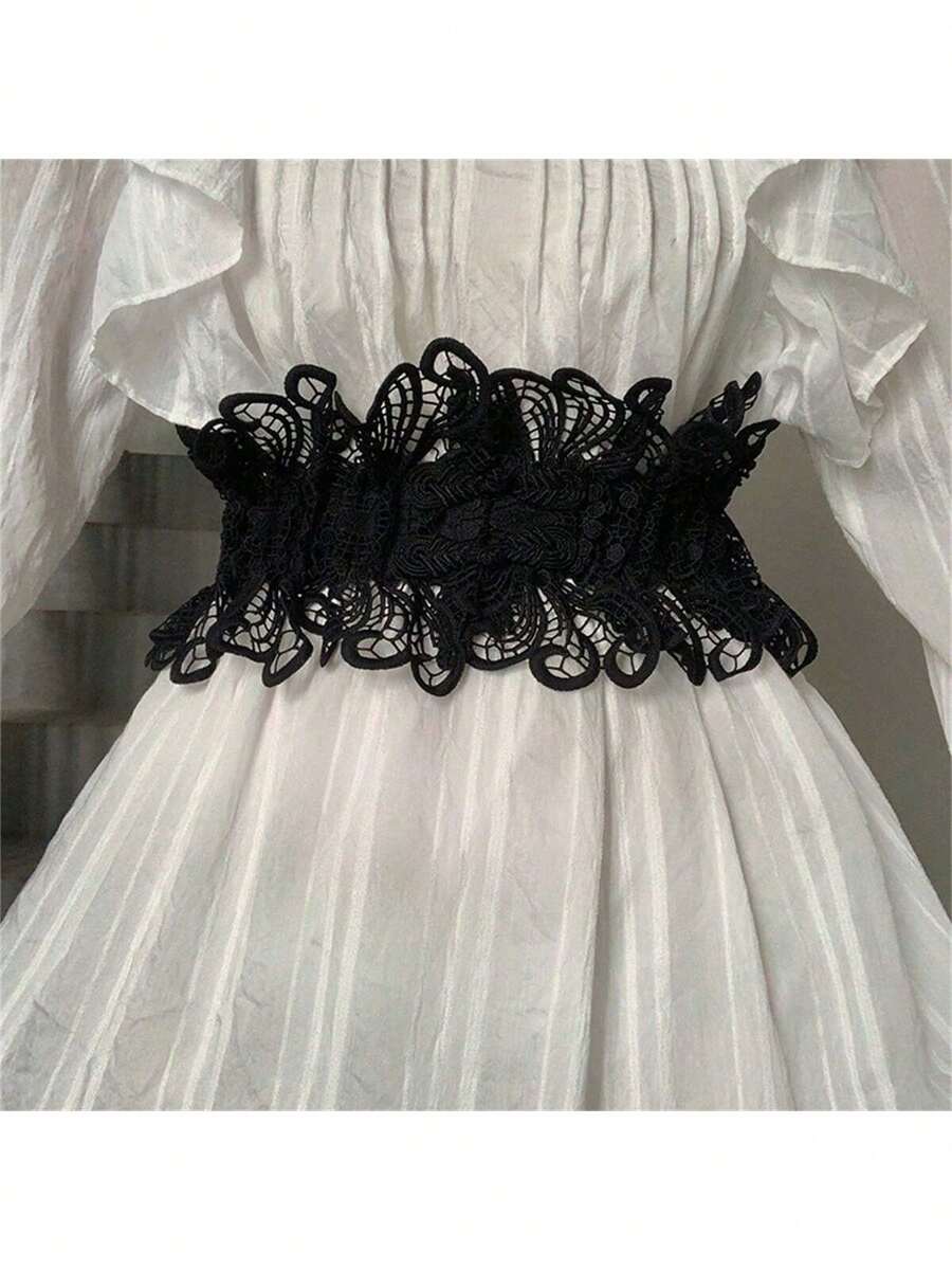 1pc Women's Black Lace Cinch Belt, Retro & Unique, Versatile For Dress Or Daily Wear, Elegant & Chic Summer, School Fall, Autumn, Halloween