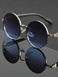 1 Pair Of Unisex Black Metal Round Glasses, Retro Punk Urban Style, Fashion Glasses, Suitable For Street Photography, Travel, Parties, Daily Use, Fishing, Camping, Summer Beach Holidays, Outdoor Activities, Trips - 金灰藍 - 查看 6
