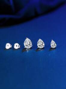 1 Pair Super Sparkling White Water Drop Cubic Zirconia Simple Classic 925 Sterling Silver Second Piercing Stud Earrings For Women, Fine Jewelry Anniversary/Holiday Gift - White - View 9