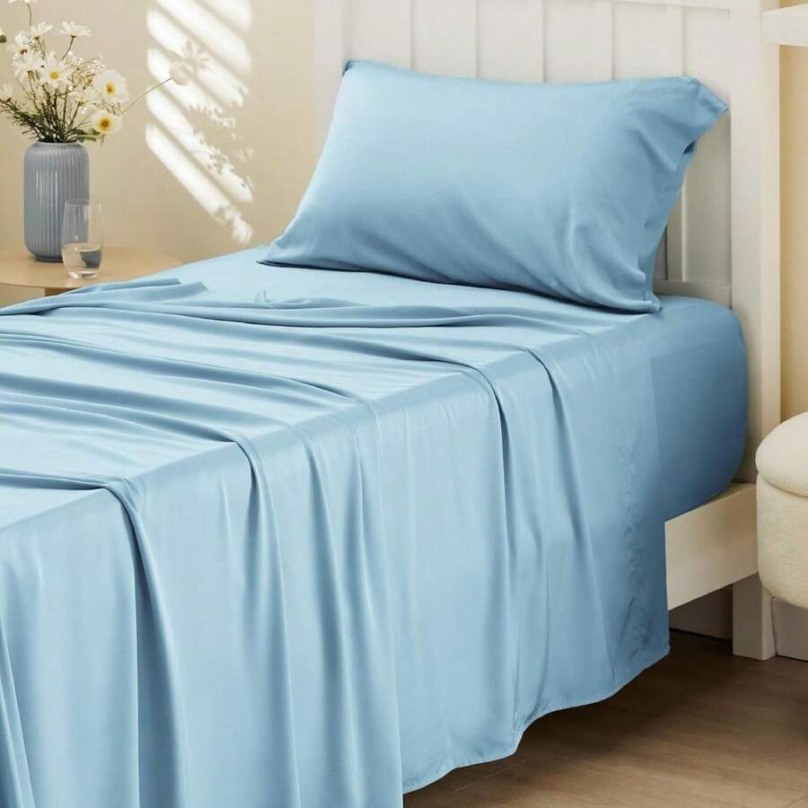 Bedsure Queen Sheet Set, Cooling Sheets For Queen Size Bed Set, Rayon Derived From Bamboo, Breathable & Soft Deep Pocket Up To 16 Inches, Hotel Luxury Silky Bedding, Bedsheet & Pillowcases, Dark Grey - 08 - 青藍色 - 查看 1