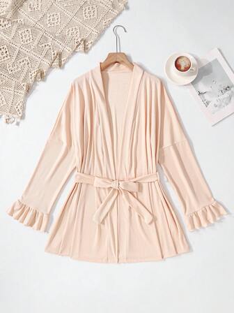 Women Robe With Solid Color Belt, Ruffle Trim/Women Casual Rib-Knit Long Sleeve Regular Cardigan With Tie, Comfortable