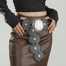 1 buc Curea circulară din PU pentru femei, curea din metal cu lanț, curea din piele strălucitoare, stil boem la modă, potrivită pentru uz zilnic, vara, școala, toamna, Halloween