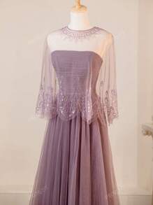 Elegante e raffinato abito da sera/abito in stile derby con sovrapposizione in rete viola, con scialle in pizzo, vestito formale, da cocktail, abito da sera, per invitati a matrimoni