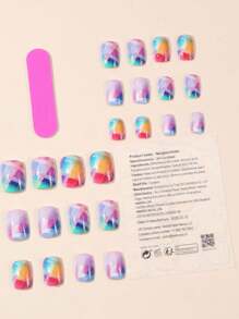 24pcs Set Of Colorful Plaid Press-On Nails - Medium Square, Glossy Finish With Stripe Design For Hands & Feet Care