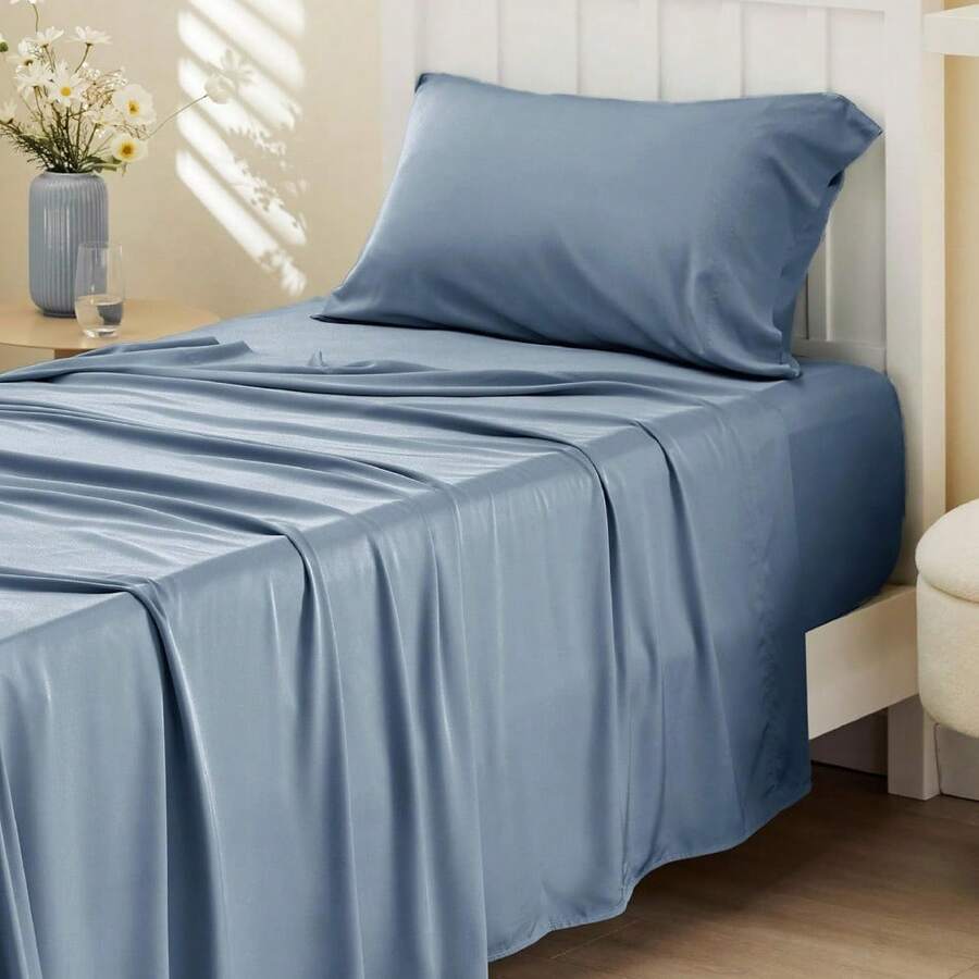 Bedsure Queen Sheet Set, Cooling Sheets For Queen Size Bed Set, Rayon Derived From Bamboo, Breathable & Soft Deep Pocket Up To 16 Inches, Hotel Luxury Silky Bedding, Bedsheet & Pillowcases, Dark Grey - 05 - 礦物藍 - 查看 1
