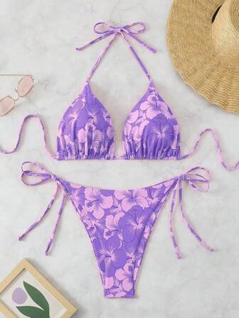 Conjunto de bikini de talla grande con camisola estampada y atada, para vacaciones