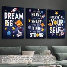 3 件/套帆布印刷装饰画、星球、太空墙面装饰、名言、宇宙主题、充满活力的宇航员和励志名言艺术、儿童礼物、室内家居墙面装饰艺术、海报、墙面艺术、房间装饰用品