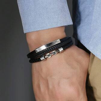 1pc Men's PU Leather Bracelet, Multi-Layer Braided Leather Cuff Bracelet With Magnetic Clasp, Suitable Gift For Family, Friends, Partners