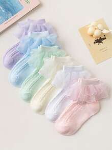 1/6 Pairs Spring/Summer Baby Girls Mesh Lace Ruffle Socks, Cute Princess Style Lace Embroidery Frilly Socks, Breathable Soft Comfortable Fashion Casual Everyday Or Princess Dress/Holiday Gift Socks - Multicolor - View 9
