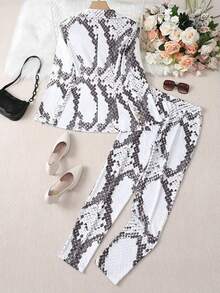 Women's Printed Two-Piece Suit Set, Solid Color Double Breasted Lapel Suit Jacket And Printed Slim Fit Pants - 蛇紋色 - 查看 3