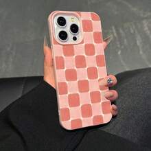 1 Piece Pink Faux Leather Texture Phone Case With Pink Cute Check Pattern, High-End Simple Phone Series Phone Case. - White - View 5