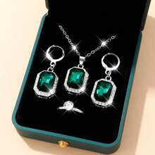 Conjunto de 4 joias quadradas da moda para mulheres, 1 colar + 1 anel + 2 brincos, adequado para uso diário ou como presente, serve para todas as mulheres