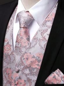 Men's Jacquard Vest Suit Set (Includes Tie, Cuff, Handkerchief)- Elegant Tuxedo Waistcoat For Weddings, Homecoming, Cruise & Formal Events | Dress Vest Jacket With Jacquard Pattern - Pink Flowers - View 9