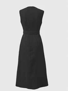 Váy dài màu trơn mùa hè, Váy dài màu trơn tối giản, Váy không tay đi làm công sở phong cách công sở có thắt lưng và nút, Váy bó đa năng hàng ngày, Váy bó eo, Váy chữ A có viền váy - màu đen - Xem 4