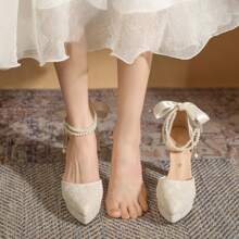 Women's Champagne Color High Heels, Solid Color Pointed Toe Bowknot Faux Pearl Glitter Sandals, Versatile Formal Party Dress Shoes