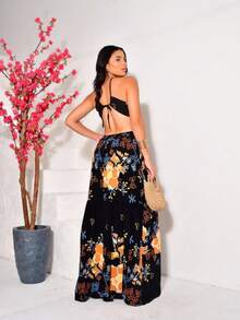 Boho Floral Leaf Plants Backless Knot Long Dress - 黑色 - 查看 2