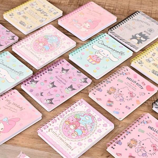 Sanrio New Sanrio Hello Kitty, Kuromi, Cinnamoroll, My Melody Rotating Notebook A6 Size - Colorful Pink Waterproof Oil Resistant Imitation Leather Cover Plan Book With Cartoon Patterns Of Stars And Cupcakes, Cute Design, Durable Coil Binding Suitable For Office And Diary Use - Unisex, Sanrio Fans Gift, Notebook | Fun Design | High Quality Binding, Perfect Gift For Festivals And Parties