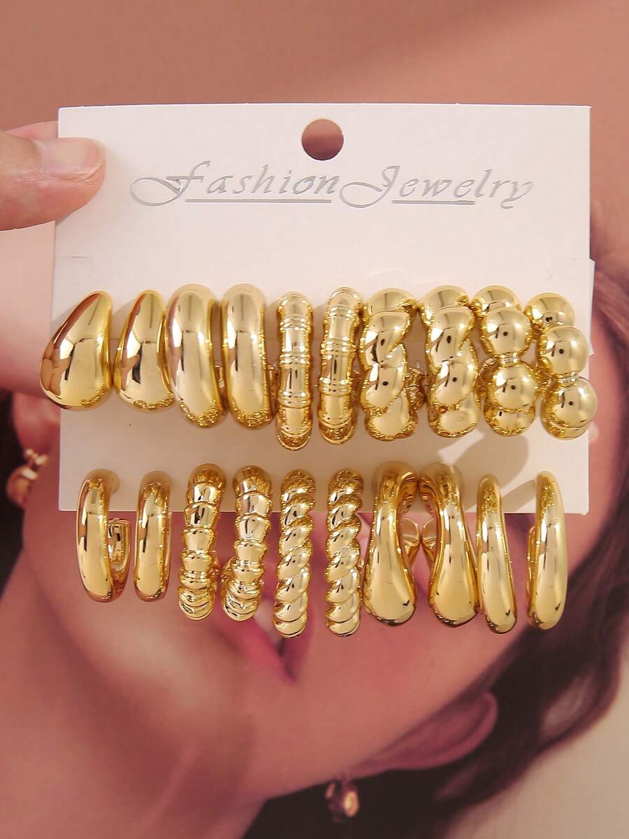 6-18 件几何纹理环状吊坠耳环，金色优雅波西米亚风格，适合家人、朋友节日礼物（纸卡包装） - 20PCS金 - 查看 1