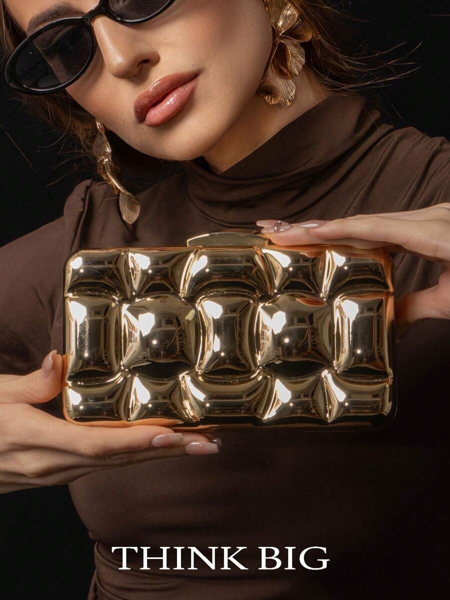 Golden Metal Clutch Evening Bag With Water Ripple Design, Luxury Reflective Wave Pattern For Parties, Weddings - Gold - View 1